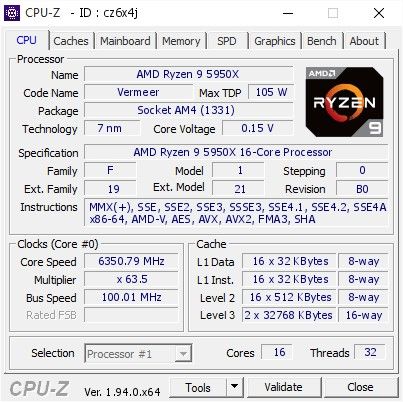 AMD Ryzen 9 5950X Overclocked to 6.35 GHz Image