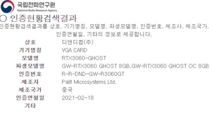 Gainward GeForce RTX 3060 8GB Memory Certification